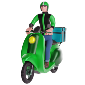 a man riding on the back of a green motorcycle