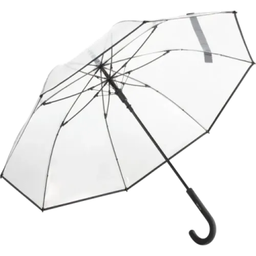 a clear umbrella with a black handle