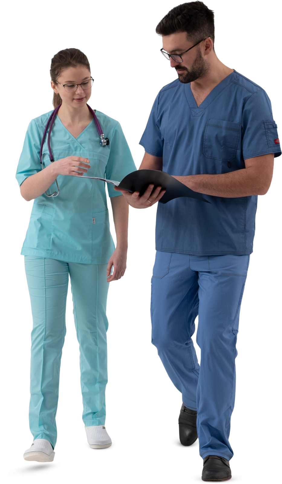 a man and woman in scrubs standing next to each other people