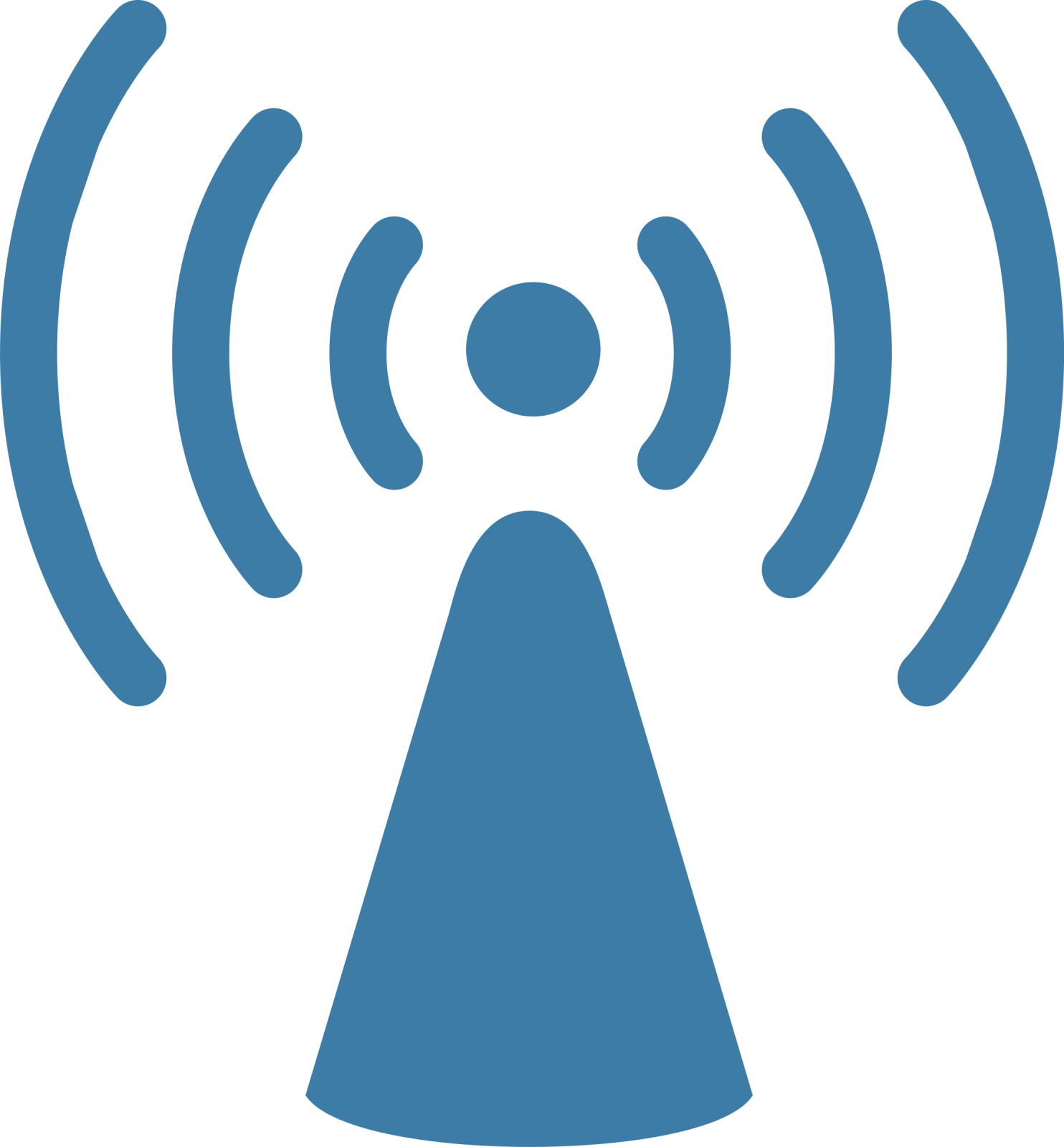 a blue and white icon of a person's head with an antenna
