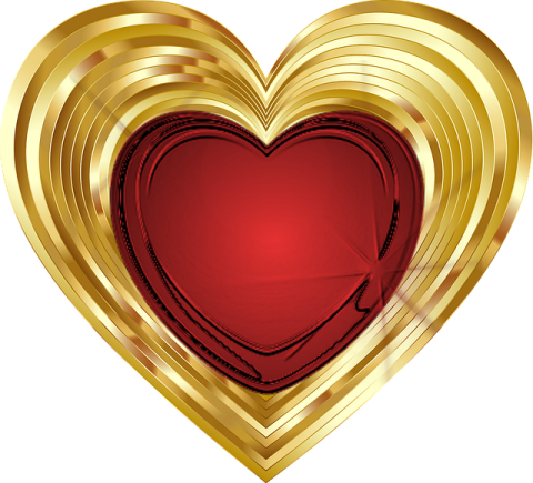a gold heart with a red background