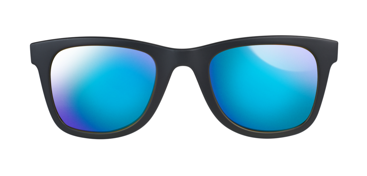 a pair of black sunglasses with blue mirrored lenses