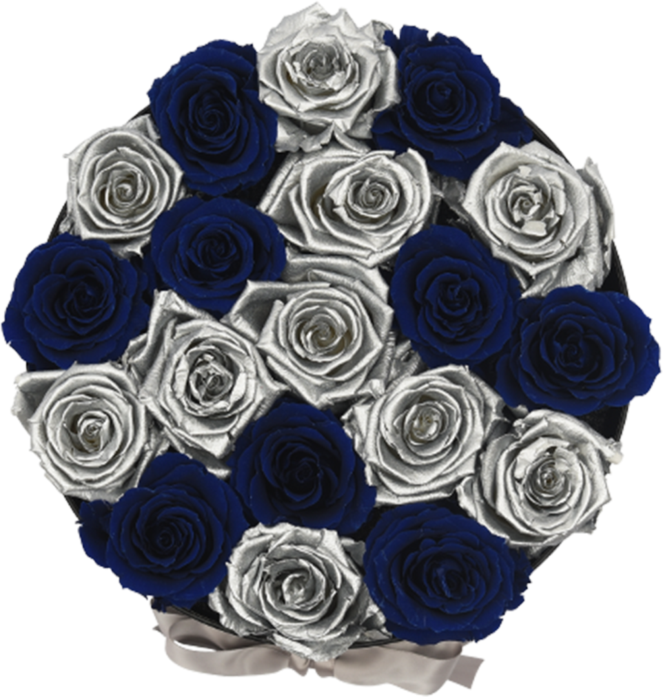 a bouquet of white and blue roses