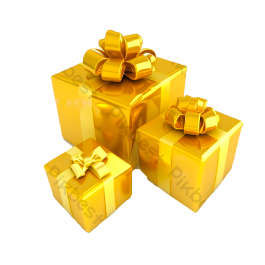 three gold gift boxes with bows