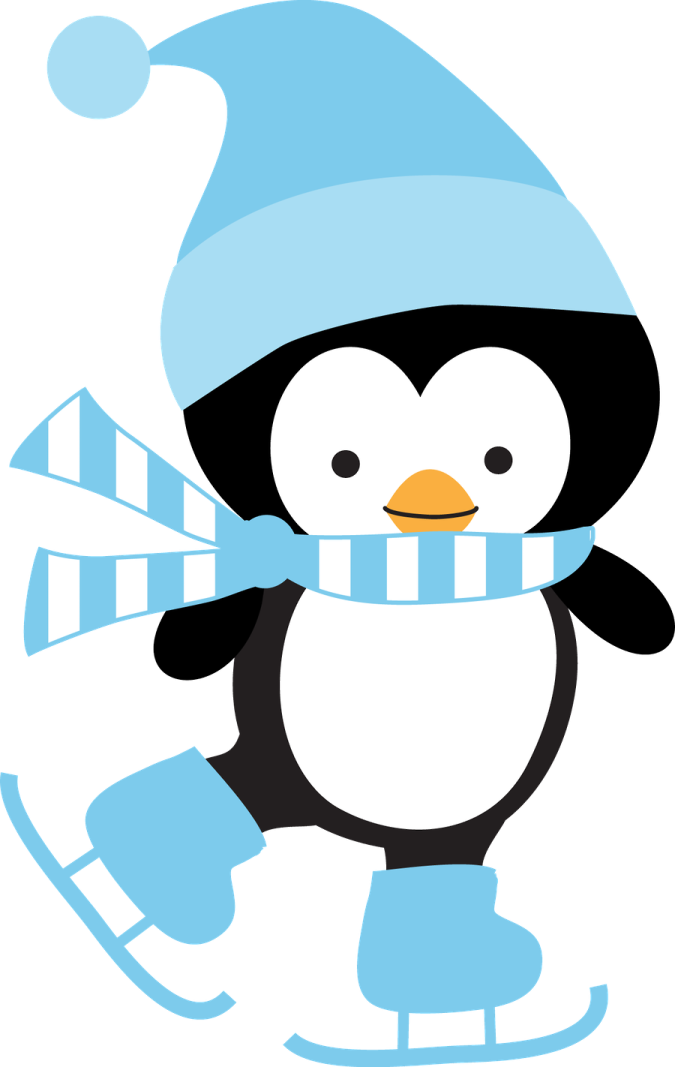 a penguin wearing a blue hat and scarf