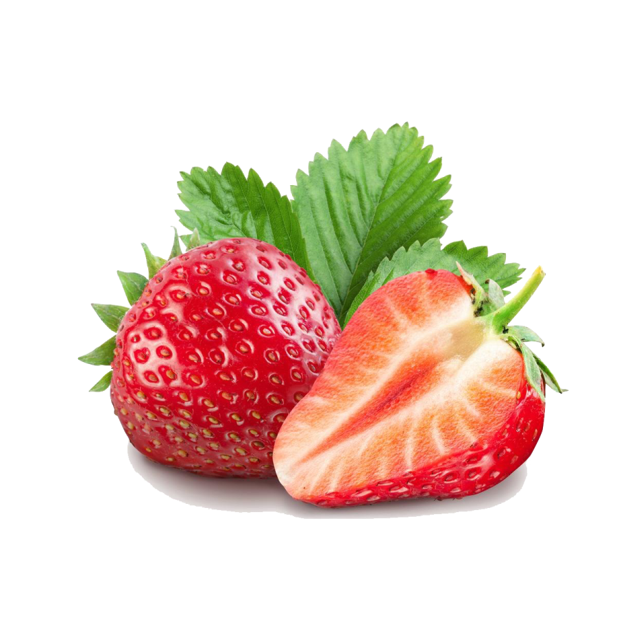 two strawberries and one strawberry with leaves