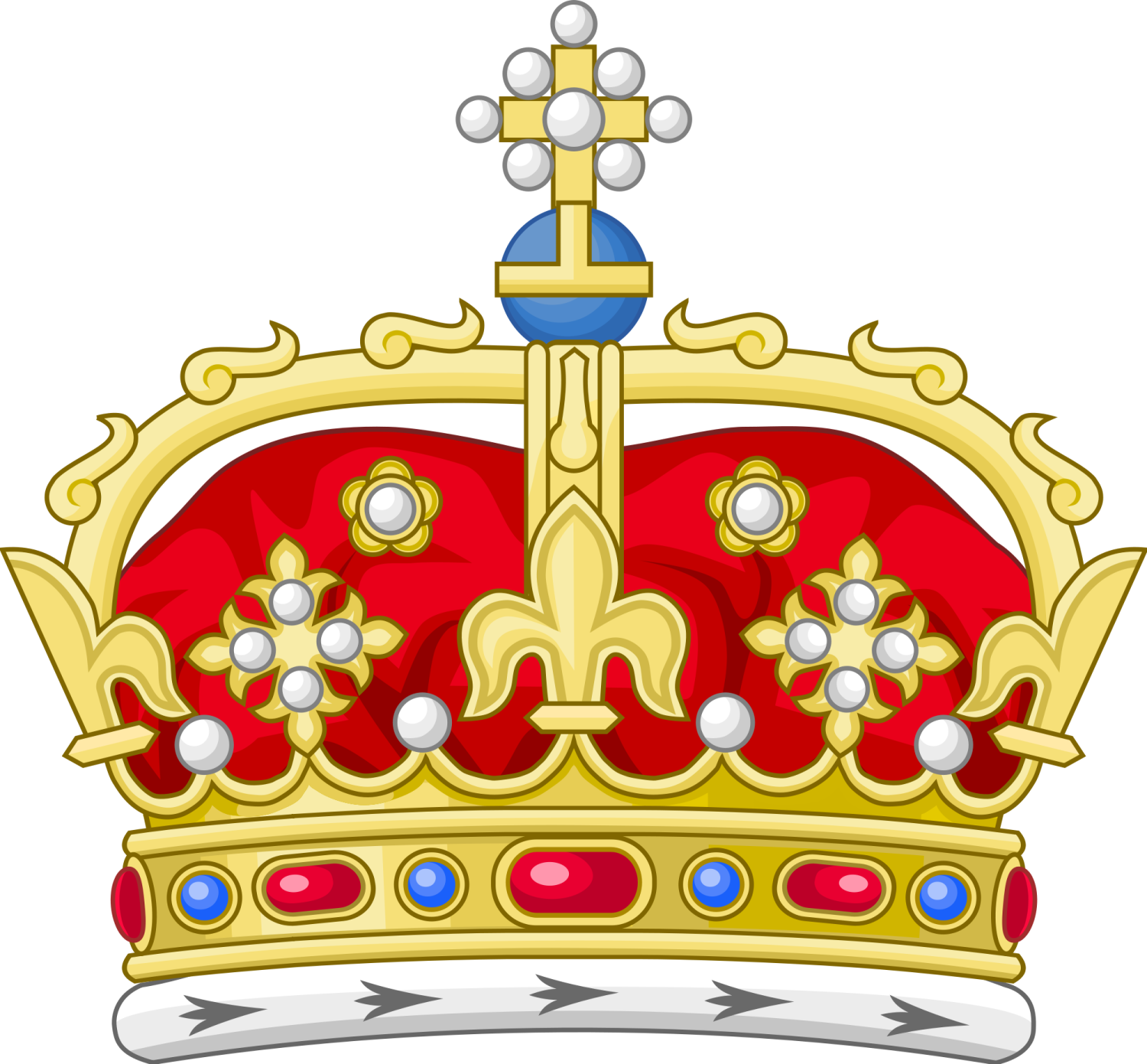 a gold crown with red and blue accents