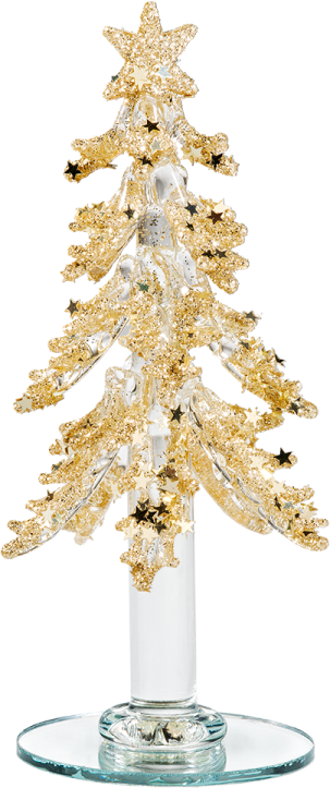 a gold christmas tree in a clear glass vase
