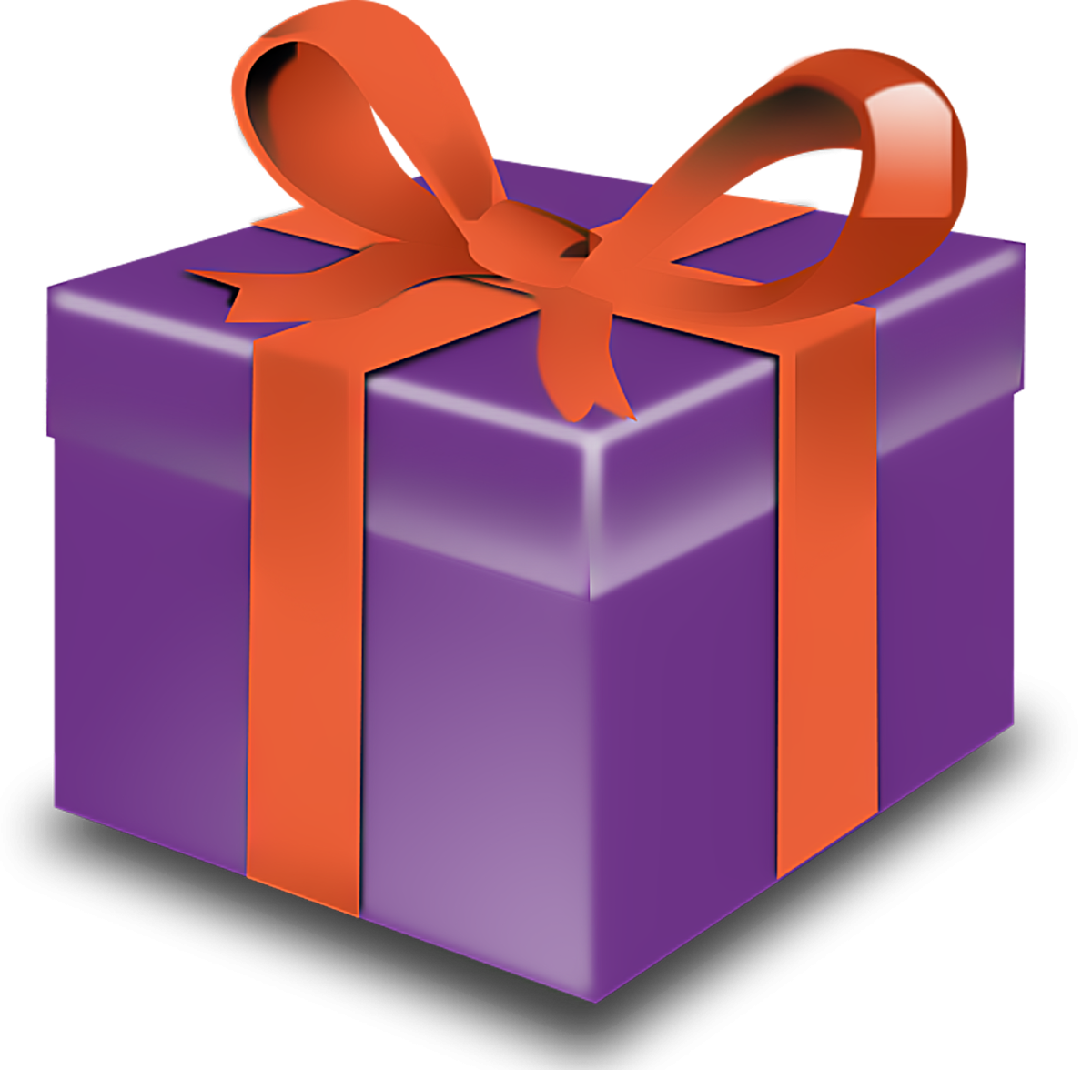 a purple gift box with a red ribbon