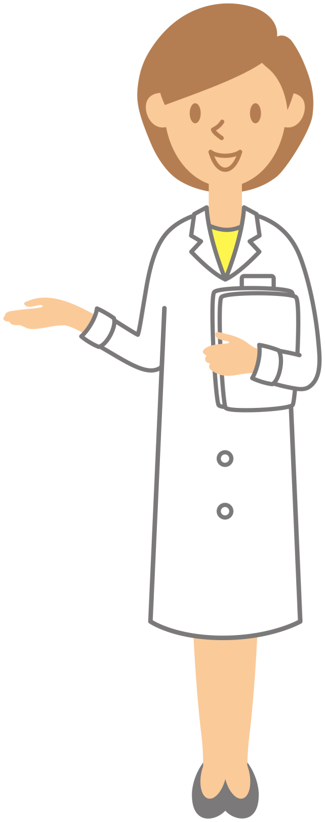 a woman in a lab coat pointing at something