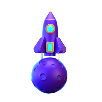 a purple toy with an orange and blue rocket on top