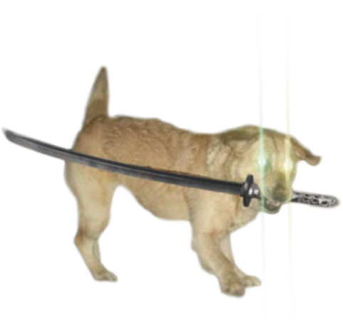 a dog with a sword in its mouth