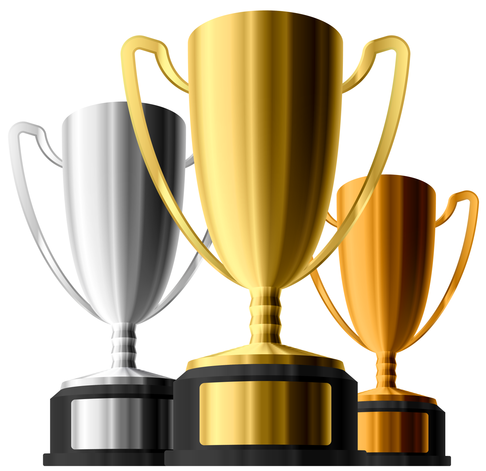 three gold, silver and bronze trophies