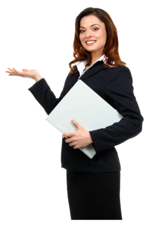 a woman in a business suit holding a folder