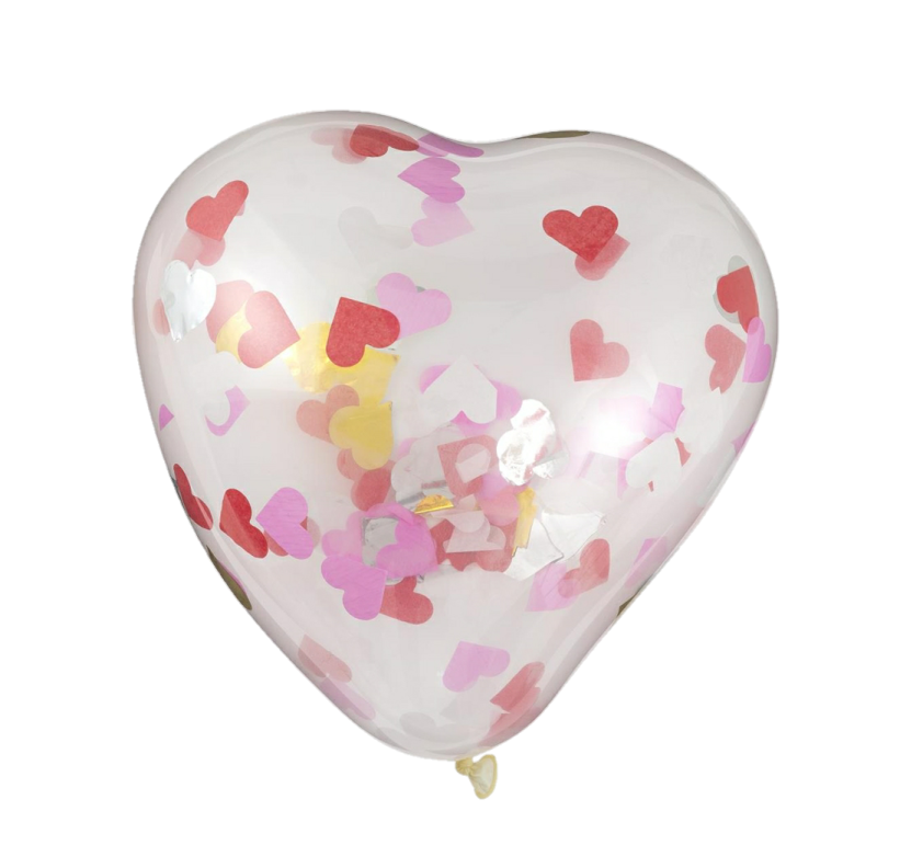 a heart shaped balloon filled with pink, yellow and red hearts