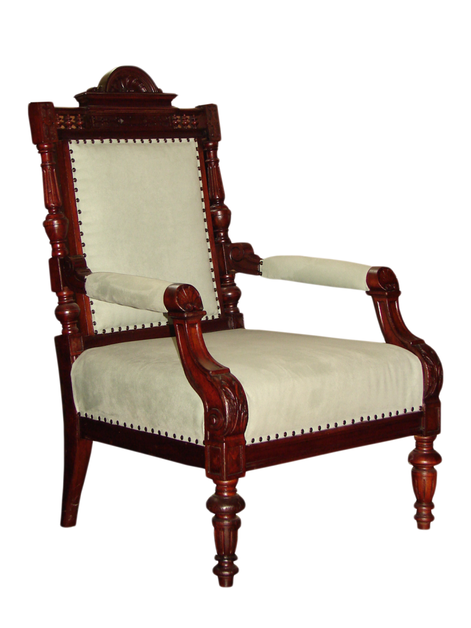 a wooden chair with beige upholing