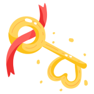 a golden key with a red ribbon around it
