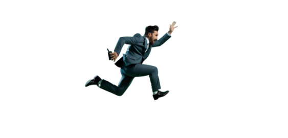a man in a suit jumping through the air