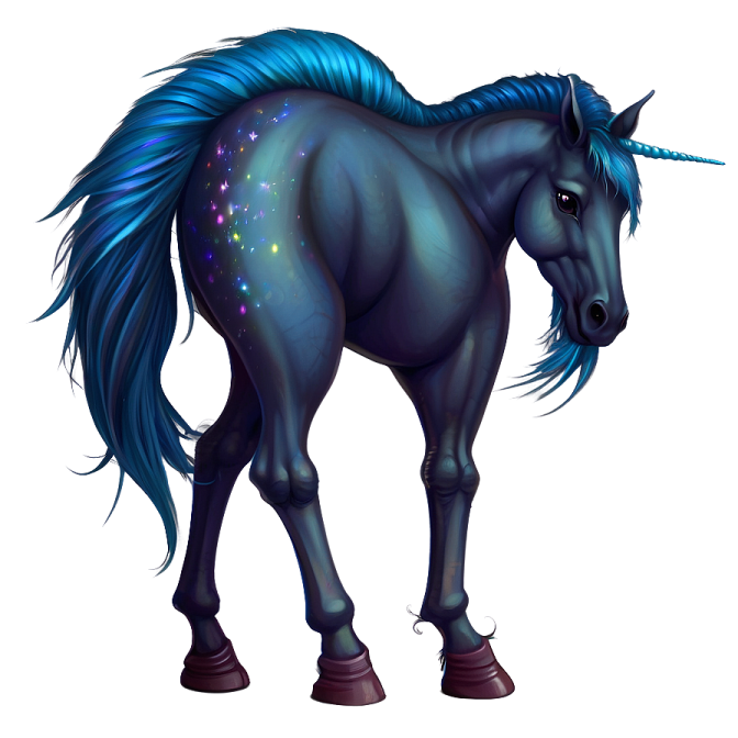 a black unicorn with blue manes and stars