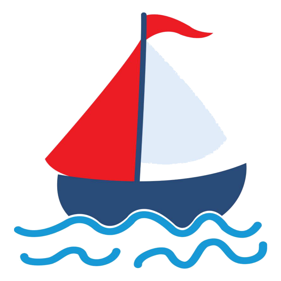a sail boat with red and blue sails