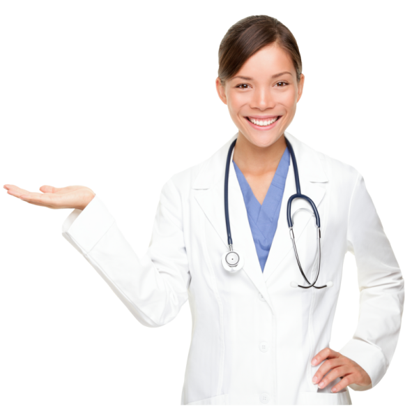 a woman in a white lab coat holding out her hand