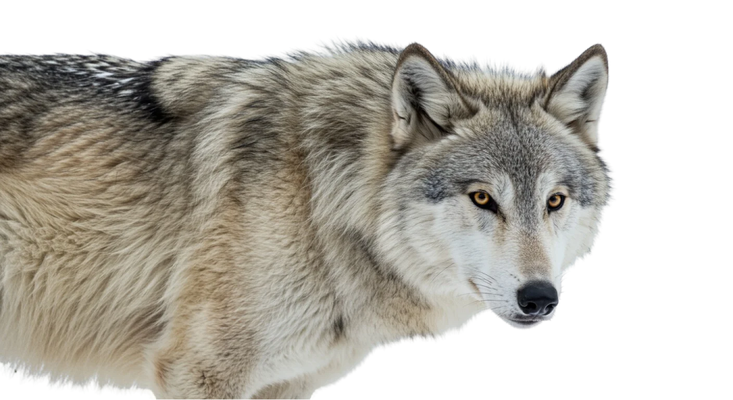 a wolf standing in front of a white background
