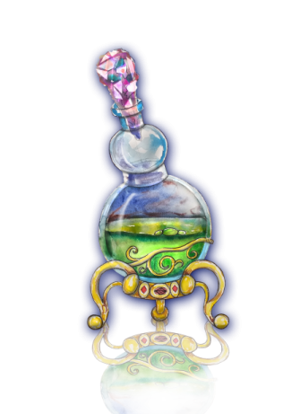 a glass perfume bottle with a green and blue liquid inside