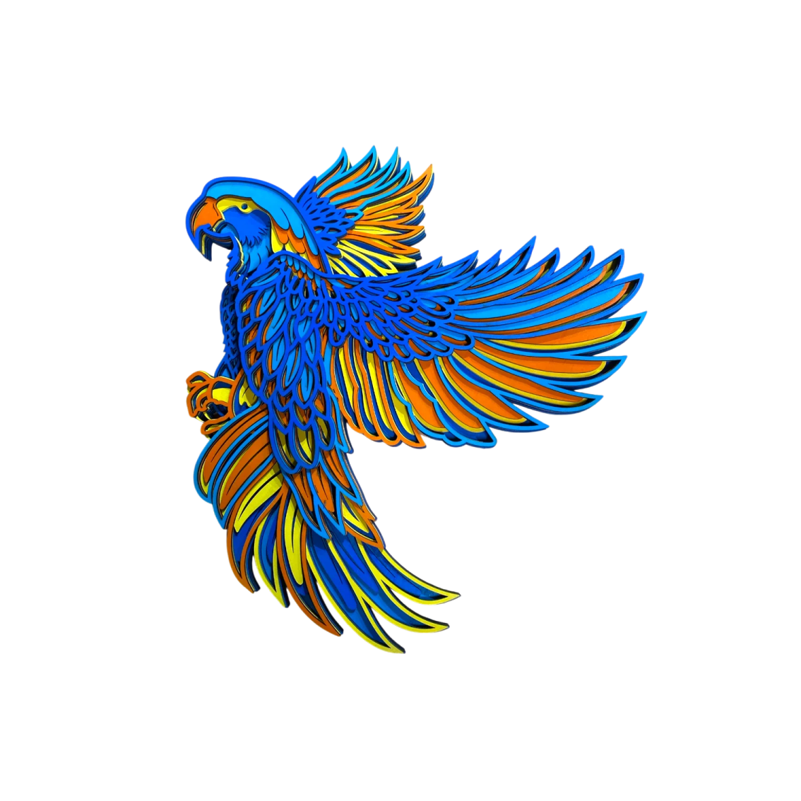 a blue and orange bird with its wings spread