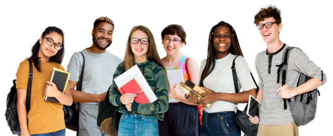 a group of students holding books and smiling