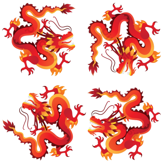 four red and yellow dragons on a white background