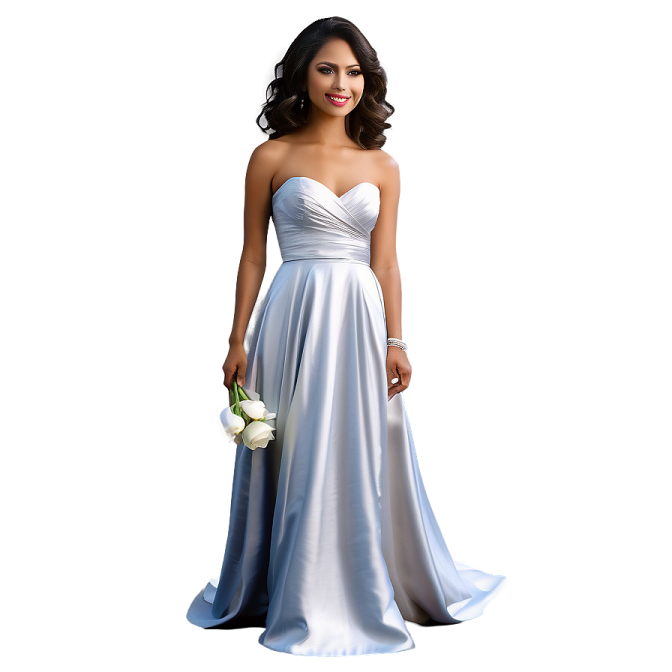 a woman in a blue and white dress