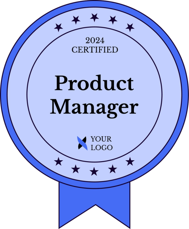 a blue badge with the words product manager on it