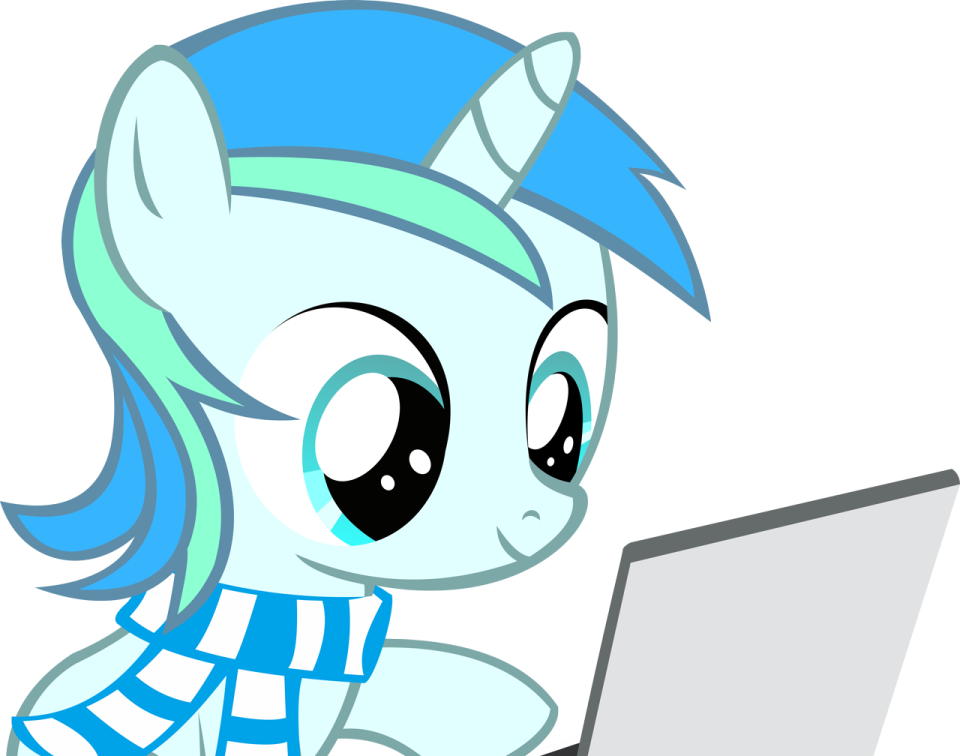 a little pony with blue hair sitting at a laptop