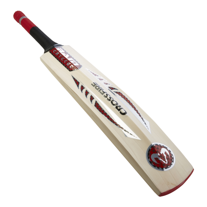 a cricket bat with a red handle