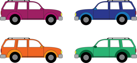 a set of four different colored cars