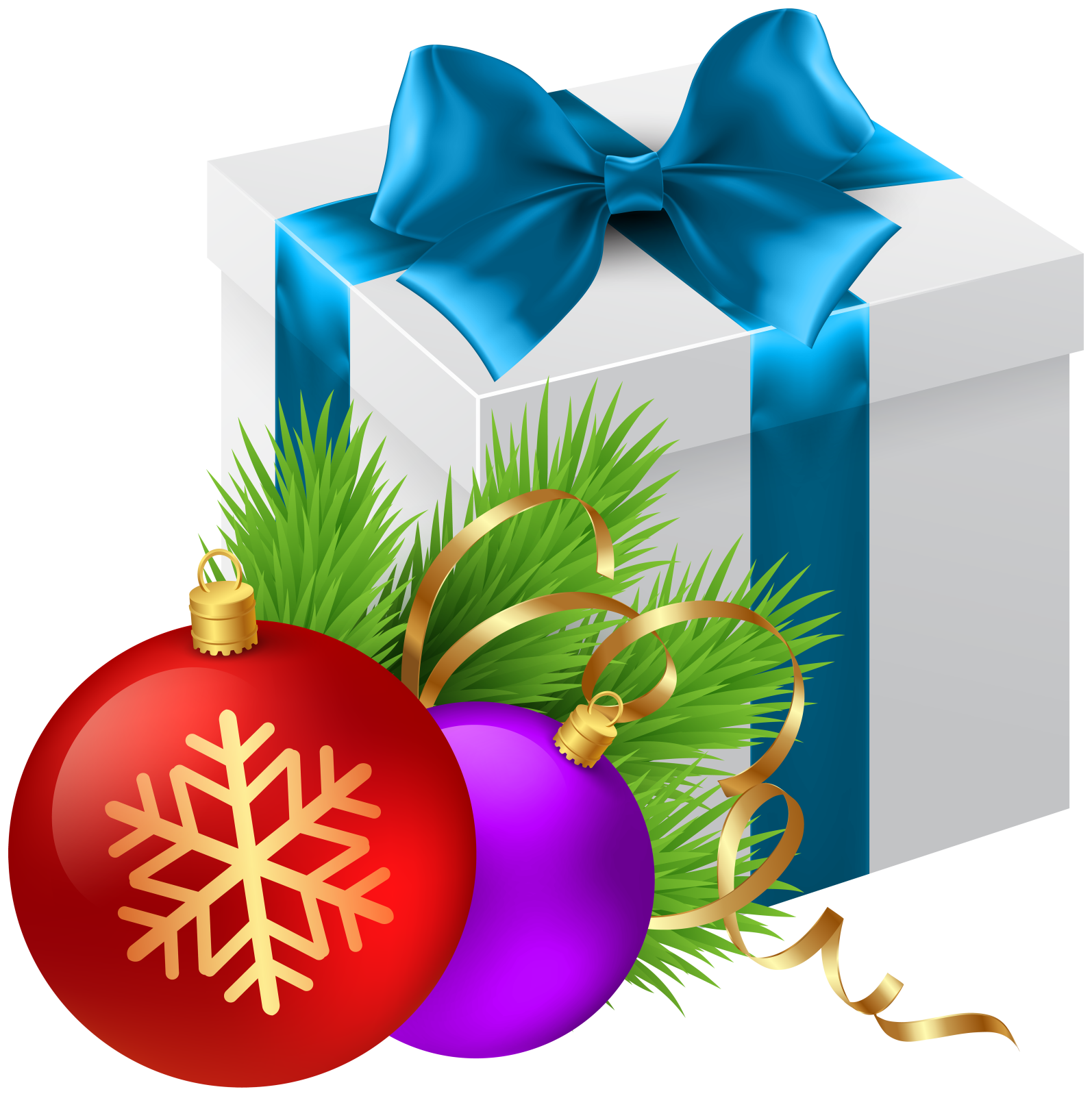 a christmas orname with a gift box and blue ribbon