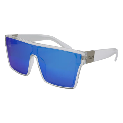 a pair of sunglasses with blue mirrored lenses