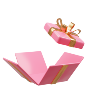 a pink gift box with a gold bow