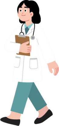 a woman in a white lab coat walking down the street