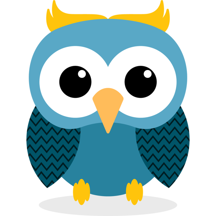 a blue and yellow owl sitting on a white background