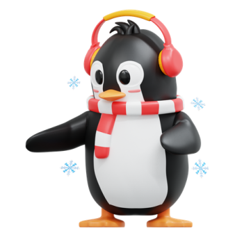 a penguin with headphones and a red scarf