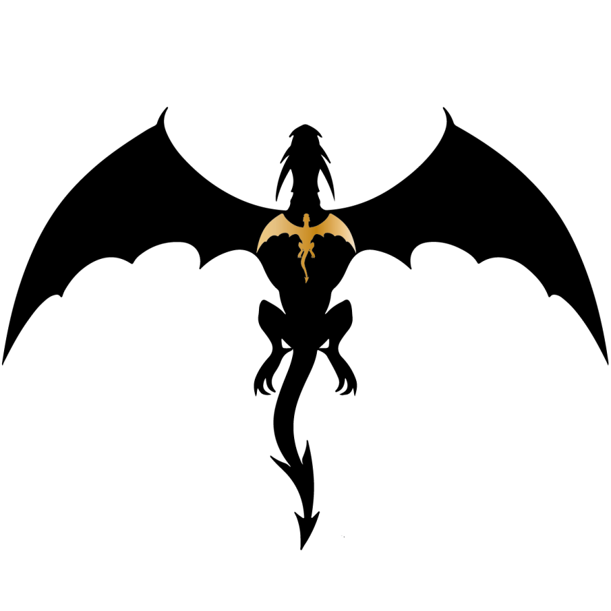 a silhouette of a black dragon with yellow wings