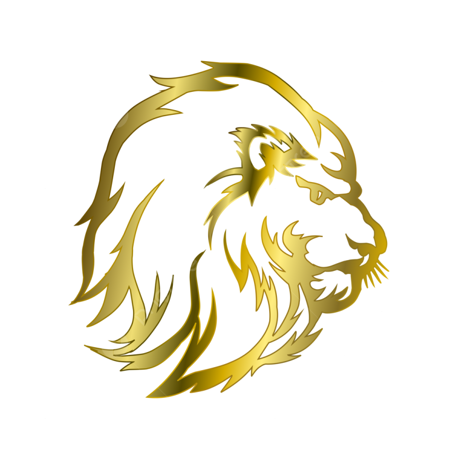 a gold lion head on a white background