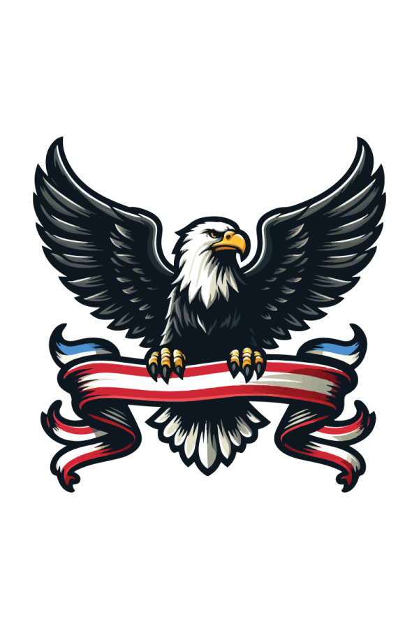 an eagle with a ribbon in its talon