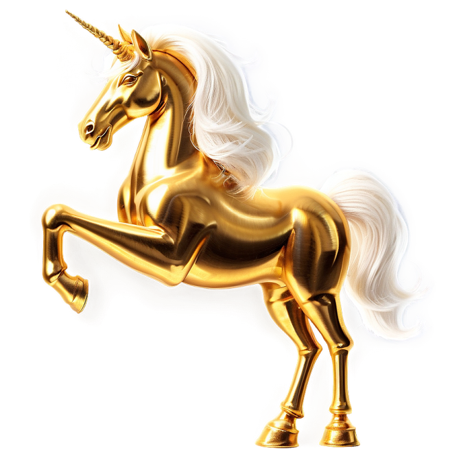a golden unicorn statue on a white background