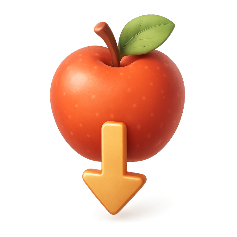 an orange apple with a green leaf on top