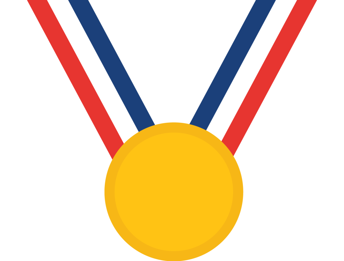 a gold medal with red, white and blue ribbons
