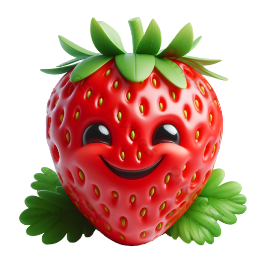 a smiling strawberry with green leaves on it