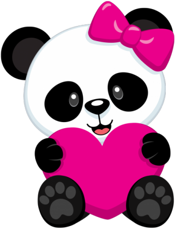 a panda bear holding a pink heart