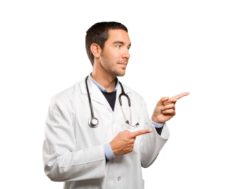 a man in a white lab coat pointing at something